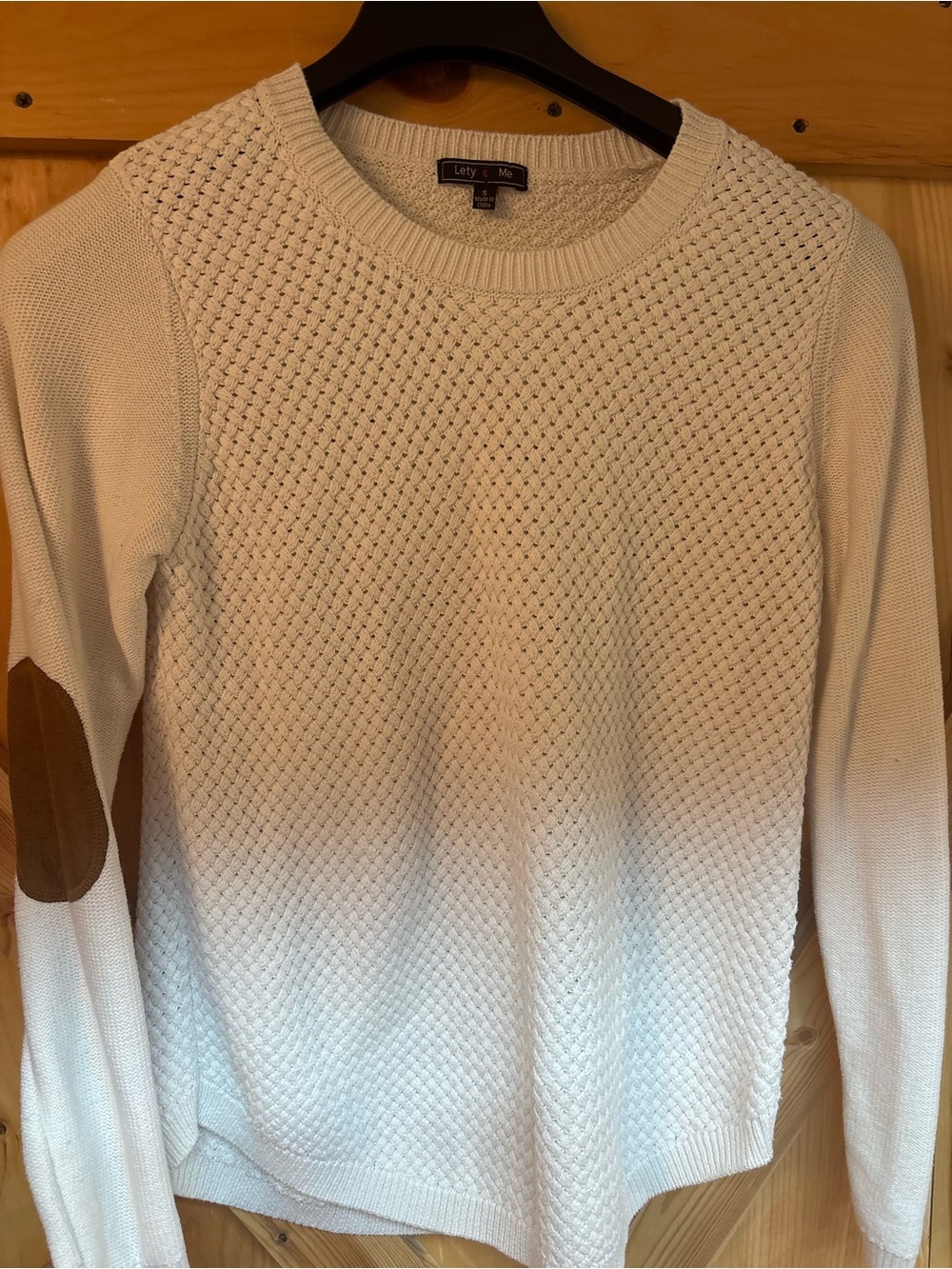 Lety & Me Cream off white Crewneck Sweater with Brown Elbow Patches woven small